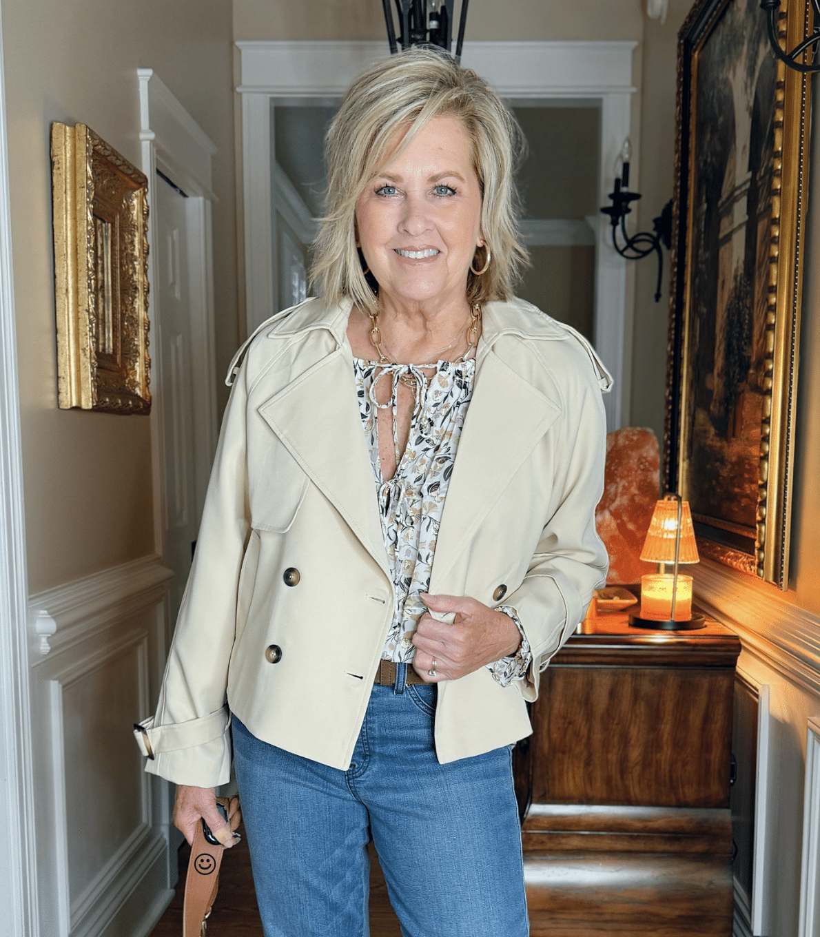 woman wearing a cropped trench for spring